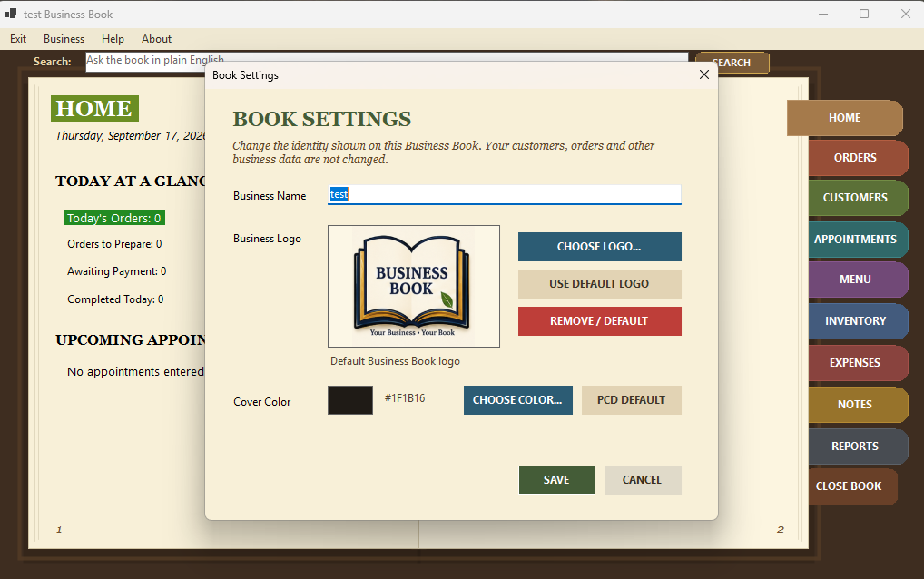 Business Book settings for business name logo and cover color
