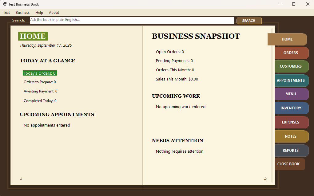 Business Book open two-page business snapshot