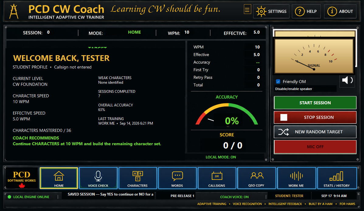 PCD CW Coach home and training dashboard