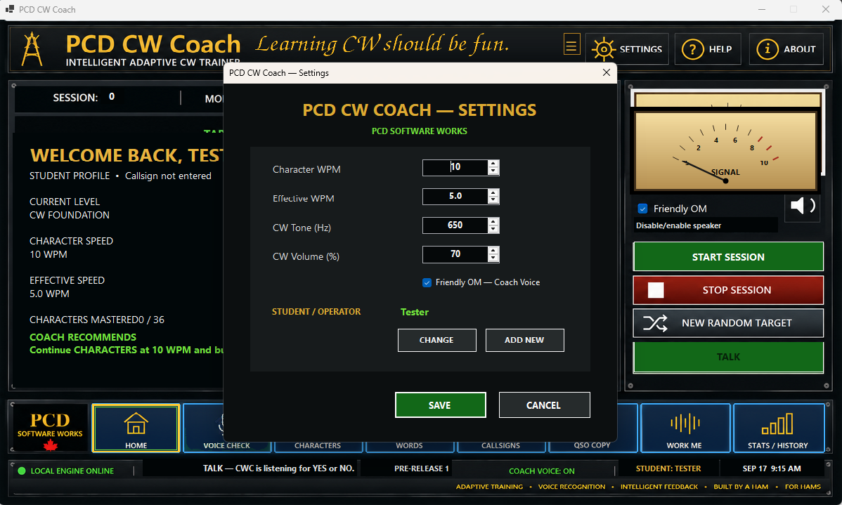 PCD CW Coach settings screen